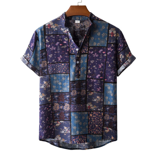 Patchwork Tapestry Short Sleeve Shirt  Purple-Windows-3XL