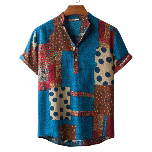 Patchwork Tapestry Short Sleeve Shirt  Royal-Blue-Traveler-3XL