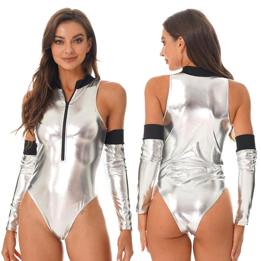 Metallic Zip-Up Bodysuit and Arm Sleeves - Full-X