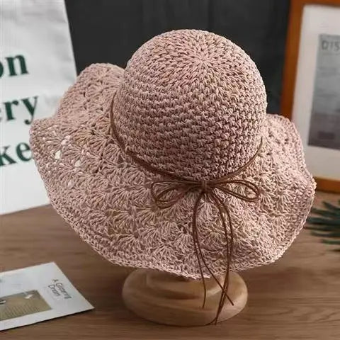 Sun-Kissed Elegance: Handwoven Summer Straw Hat  Pink-One-Size