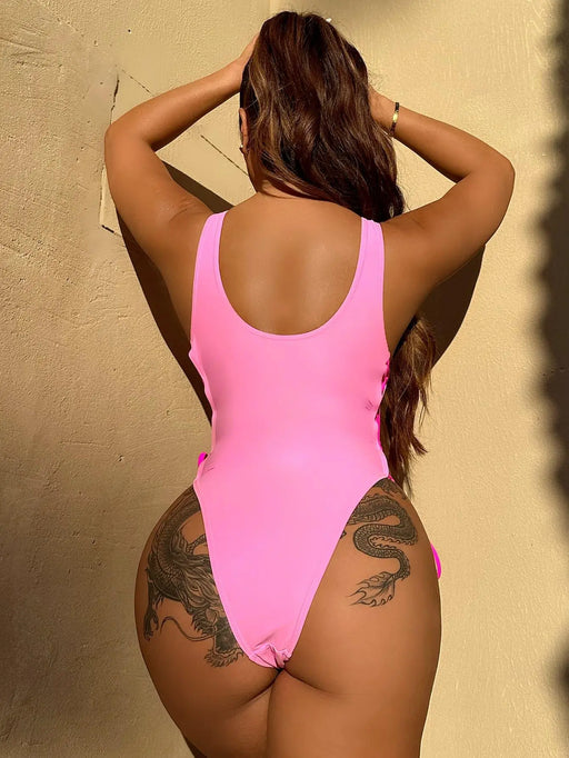 Lace-Up Deep V Sleeveless One-Piece Swimsuit - Full-X