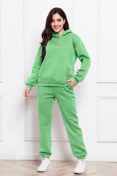 Relaxed Drop Shoulder Long Sleeve Hoodie and Pants Set  XL-Light-Green