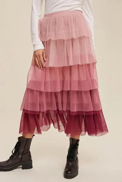 Elastic Waist Layered Tulle Midi Skirt  XL-Pink