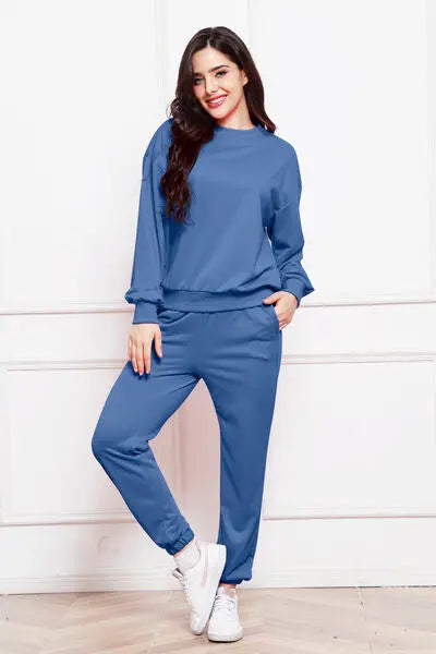Chic Cozy Long Sleeve Sweatshirt and Pants Set  XL-Blue