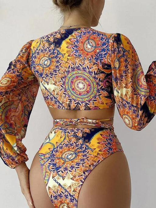 Women's Ethnic Printed Mesh Long Sleeve Bikini Set - Full-X